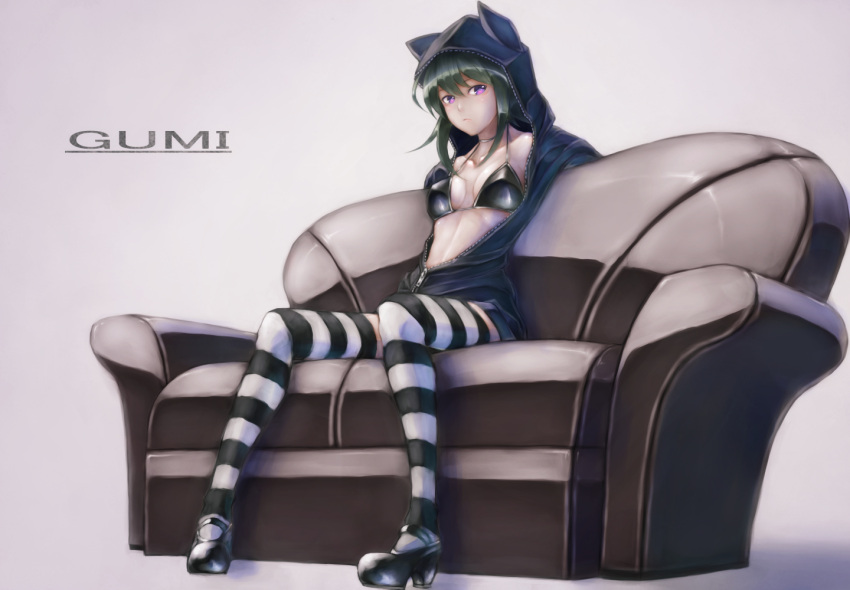 1girl animal_hood bikini_top breasts cat_hood couch green_hair gumi hood hoodie mary_janes mstm payot pink_eyes shoes short_hair sitting solo striped striped_legwear thighhighs unzipped vocaloid zettai_ryouiki