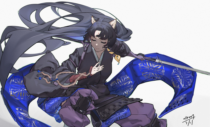 1girl absurdres animal_ears arknights armor bad_anatomy bad_hands beads black_hair black_kimono breasts chinese_commentary closed_eyes clothing_cutout commentary_request dated dog_ears dog_girl dynamic_pose elbow_gloves facial_mark feet_out_of_frame floating_hair forehead_mark gloves highres hip_vent holding holding_polearm holding_weapon japanese_armor japanese_clothes kimono knee_pads kusazuri long_hair medium_breasts naginata pants parted_bangs polearm prayer_beads purple_gloves purple_pants saga_(arknights) signature single_elbow_glove solo very_long_hair weapon weiqi_ban_ge_yue