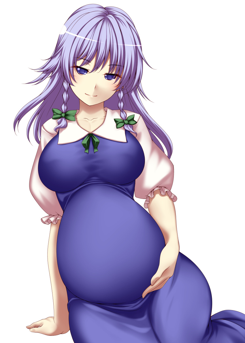 1girl absurdres blue_eyes blush braid breasts highres holding_belly izayoi_sakuya large_breasts long_hair maid pregnant silver_hair smile solo touhou tro twin_braids