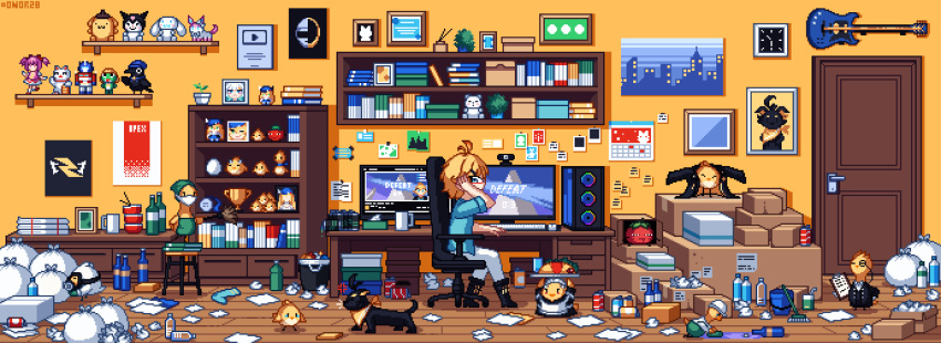 1girl absurdres animated animated_gif bedroom bird blonde_hair box dog dokibird dokibird_(bounty_hunter) highres messy_room onor pixel_art short_hair trash trash_bag virtual_youtuber