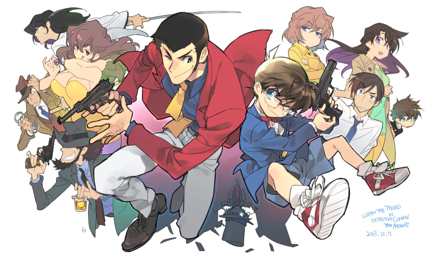 3girls 6+boys ankle_socks arsene_lupin_iii beard black_hair blazer blue_eyes bob_cut bowtie breasts brown_hair cape crossover cuffs dress edogawa_conan facial_hair fedora formal glasses grin gun haibara_ai hairy handcuffs hat hattori_heiji highres ice_cube ishikawa_goemon_xiii jewelry jigen_daisuke kaitou_kid katana knuckle_hair kuroba_kaitou large_breasts liquor long_hair lupin_iii lupin_sansei_vs_meitantei_conan meitantei_conan mine_fujiko monocle mouri_ran multiple_boys multiple_girls necktie pistol red_eyes ring shoes shorts sideburns silhouette sleeveless smile sneakers sword tongue tongue_out top_hat toujou_sakana trench_coat violet_eyes weapon white_background wink zenigata_kouichi