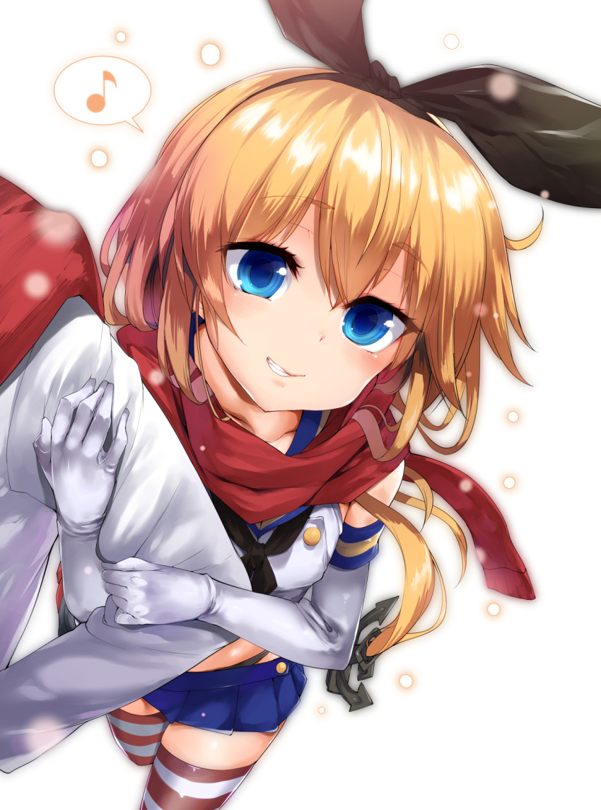 1boy 1girl admiral_(kantai_collection) anchor arm_lock blonde_hair blue_eyes blush elbow_gloves gloves hairband happy highres kantai_collection karochii_(mochiya) long_hair looking_at_viewer note personification scarf school_uniform shimakaze_(kantai_collection) skirt snow striped striped_legwear thigh-highs white_gloves winter