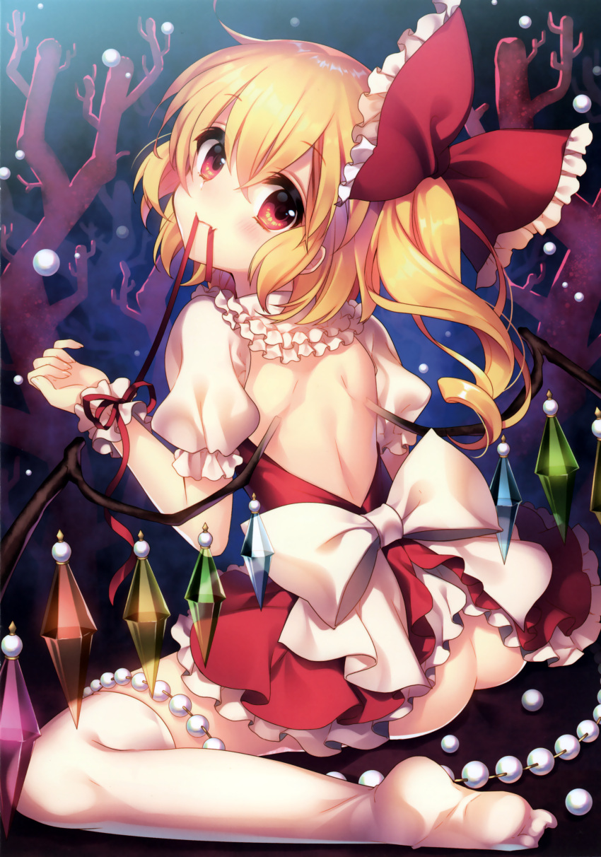1girl absurdres ass back back_cutout beads blonde_hair bow crystal dress fangs flandre_scarlet frills from_behind full_body garland_(decoration) hair_bow hair_ornament highres looking_at_viewer looking_back masaru.jp mouth_hold no_hat no_panties puffy_sleeves red_eyes ribbon ribbon_in_mouth scan short_hair short_sleeves side_ponytail smile solo thigh-highs touhou underwater white_legwear wings wrist_cuffs