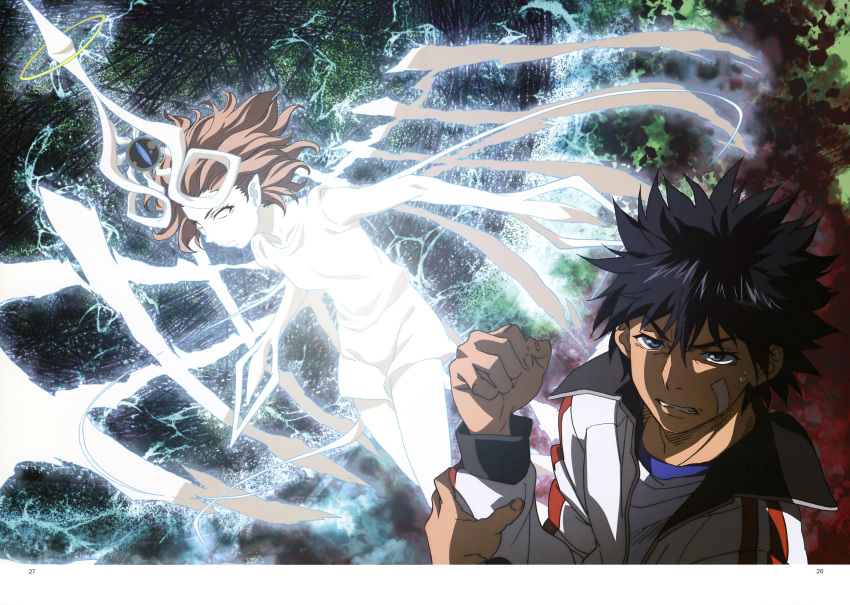 1boy 1girl a_certain_high_school_gym_uniform absurdres artist_request awakening_(toaru) bandaid black_hair black_jacket blue_eyes blue_trim brown_hair collarbone electrical_wings electricity electrokinesis glowing glowing_skin gym_shirt gym_uniform hand_on_own_arm highres jacket kamijou_touma looking_at_viewer medium_hair misaka_mikoto misaka_mikoto_level_6_shift no_pupils official_alternate_costume official_art orange_jacket pointy_ears serious shirt short_hair spiky_hair sweatdrop teeth third-party_source toaru_kagaku_no_railgun toaru_kagaku_no_railgun_t toaru_majutsu_no_index track_jacket white_jacket white_shirt