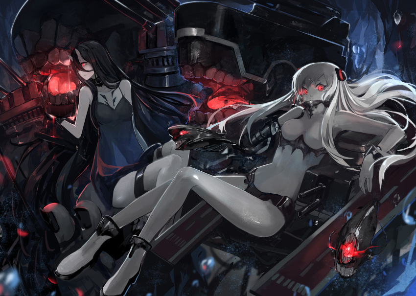 2girls airfield_hime battleship-symbiotic_hime black_hair bodysuit boots demon_girl gloves glowing glowing_eyes hair_ornament hairclip highres horns kantai_collection long_hair looking_at_viewer lying multiple_girls on_back oni_horns pale_skin personification red_eyes saberiii silver_hair sitting very_long_hair