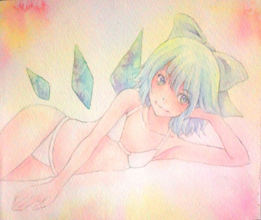 1girl acrylic_paint_(medium) bikini blue_eyes blue_hair bow cirno collarbone graphite_(medium) hair_bow hand_in_hair highres ice ice_wings lying short_hair simple_background smile solo swimsuit touhou traditional_media watercolor_(medium) white_bikini white_swimsuit wings yuyu_(00365676)