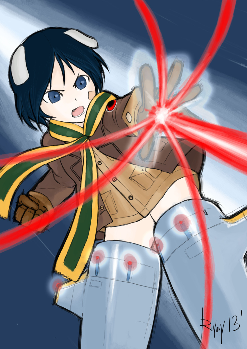 1girl absurdres animal_ears bandaid black_hair blue_eyes gloves highres kanno_naoe laser leather_jacket scarf simple_background solo strike_witches striker_unit