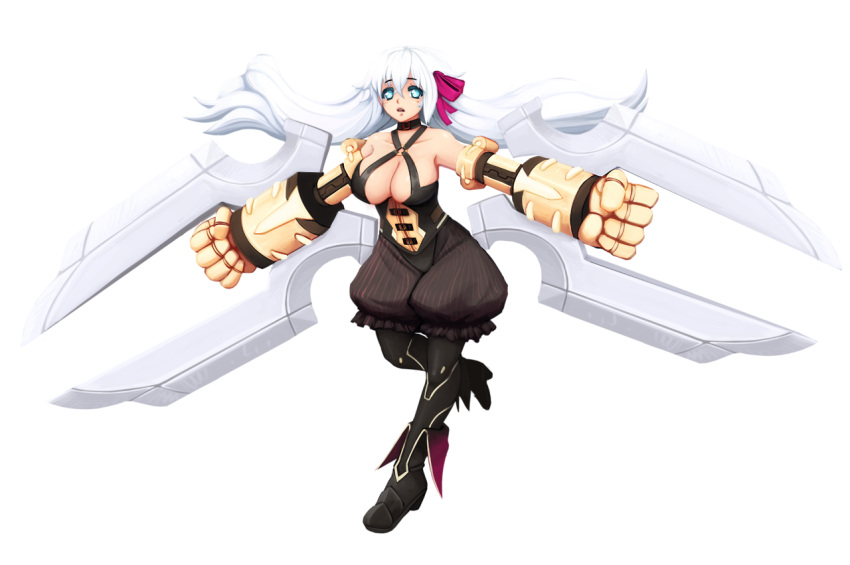 1girl arm_blade barbariank bare_shoulders black_heart black_legwear blue_eyes boots breasts choujigen_game_neptune cleavage collar fate/extra_ccc fate_(series) fusion hair_ribbon large_breasts long_hair mechanical_arms pantyhose passion_lip puffy_pants ribbon solo transparent_background weapon white_hair