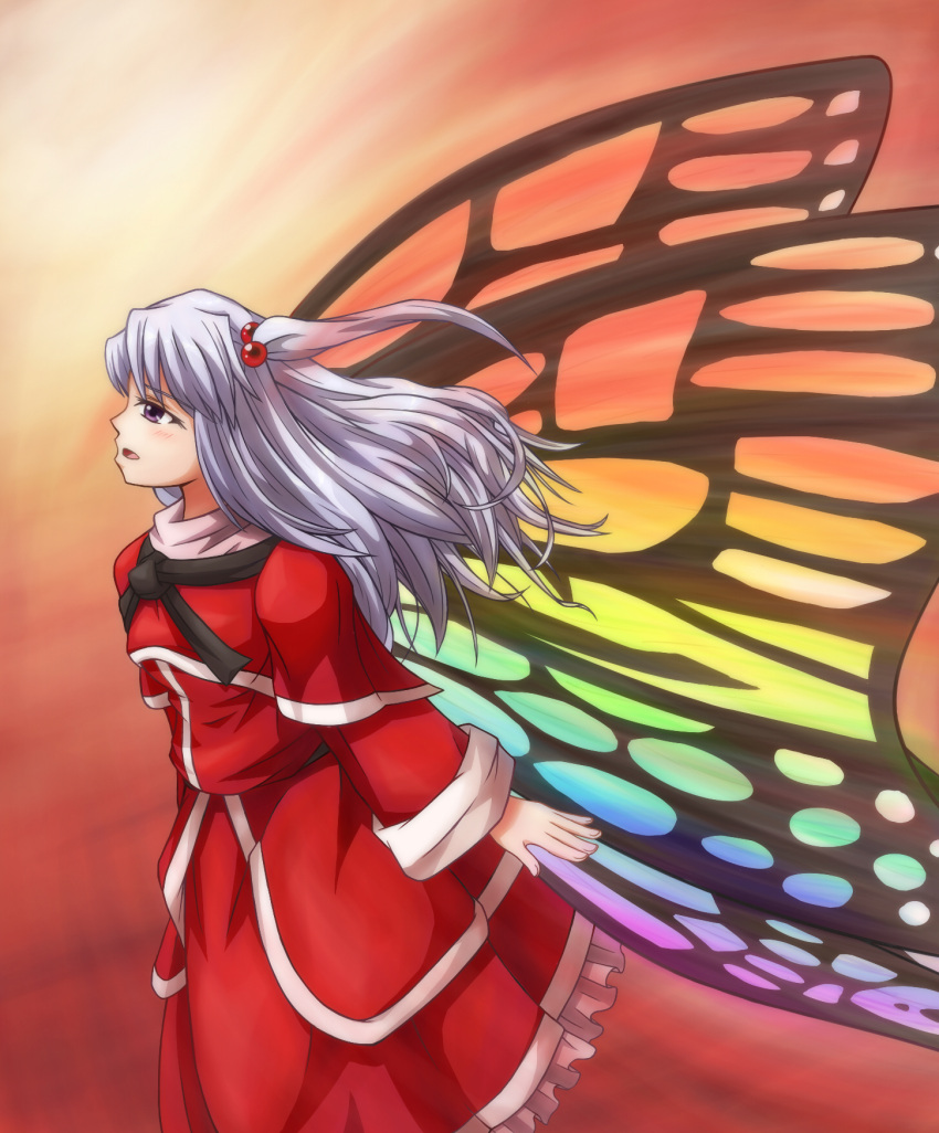 1girl butterfly_wings gastdream_(artist) hair_bobbles hair_ornament highres shinki side_ponytail silver_hair touhou touhou_(pc-98) violet_eyes wings