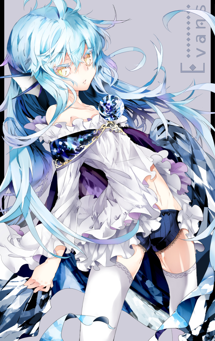 1girl bare_shoulders blue_hair character_request colored_eyelashes dragon_ears dress frills highres long_hair rooseputo_02 short_shorts shorts solo thigh-highs very_long_hair white_legwear yellow_eyes