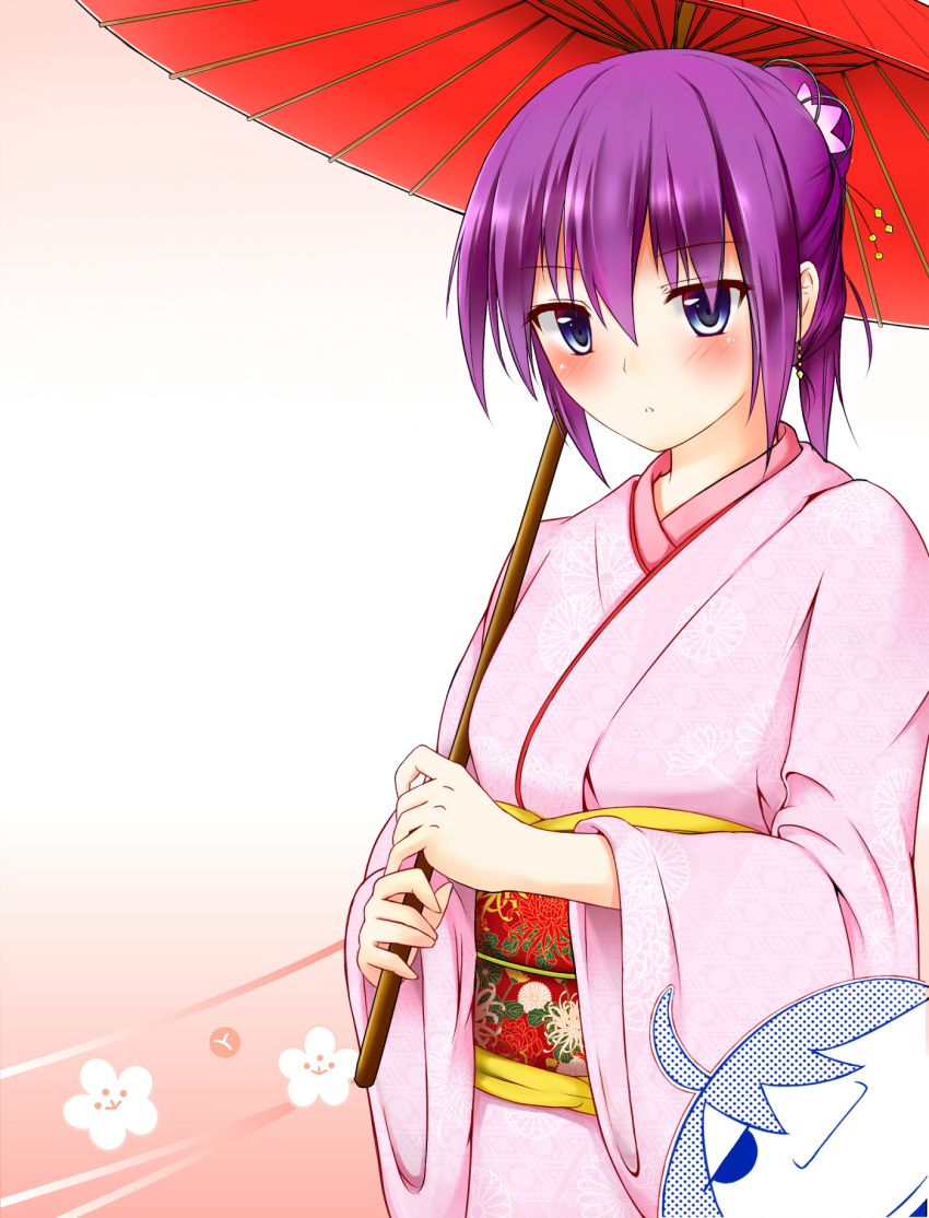 1girl araragi_koyomi blue_eyes highres japanese_clothes jien_(ryuusiki1) kimono monogatari_(series) purple_hair senjougahara_hitagi short_hair