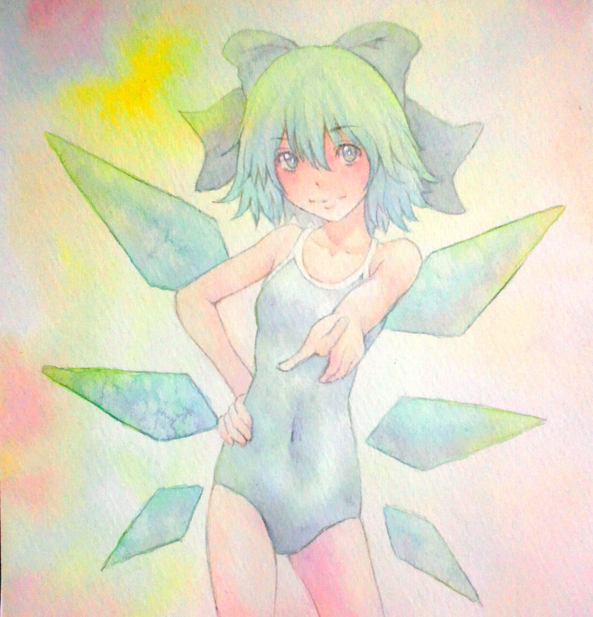 1girl acrylic_paint_(medium) blue_eyes blue_hair bow cirno graphite_(medium) hair_bow highres ice ice_wings lips one-piece_swimsuit pointing pointing_at_viewer school_swimsuit short_hair smile solo swimsuit touhou traditional_media watercolor_(medium) wings yuyu_(00365676)