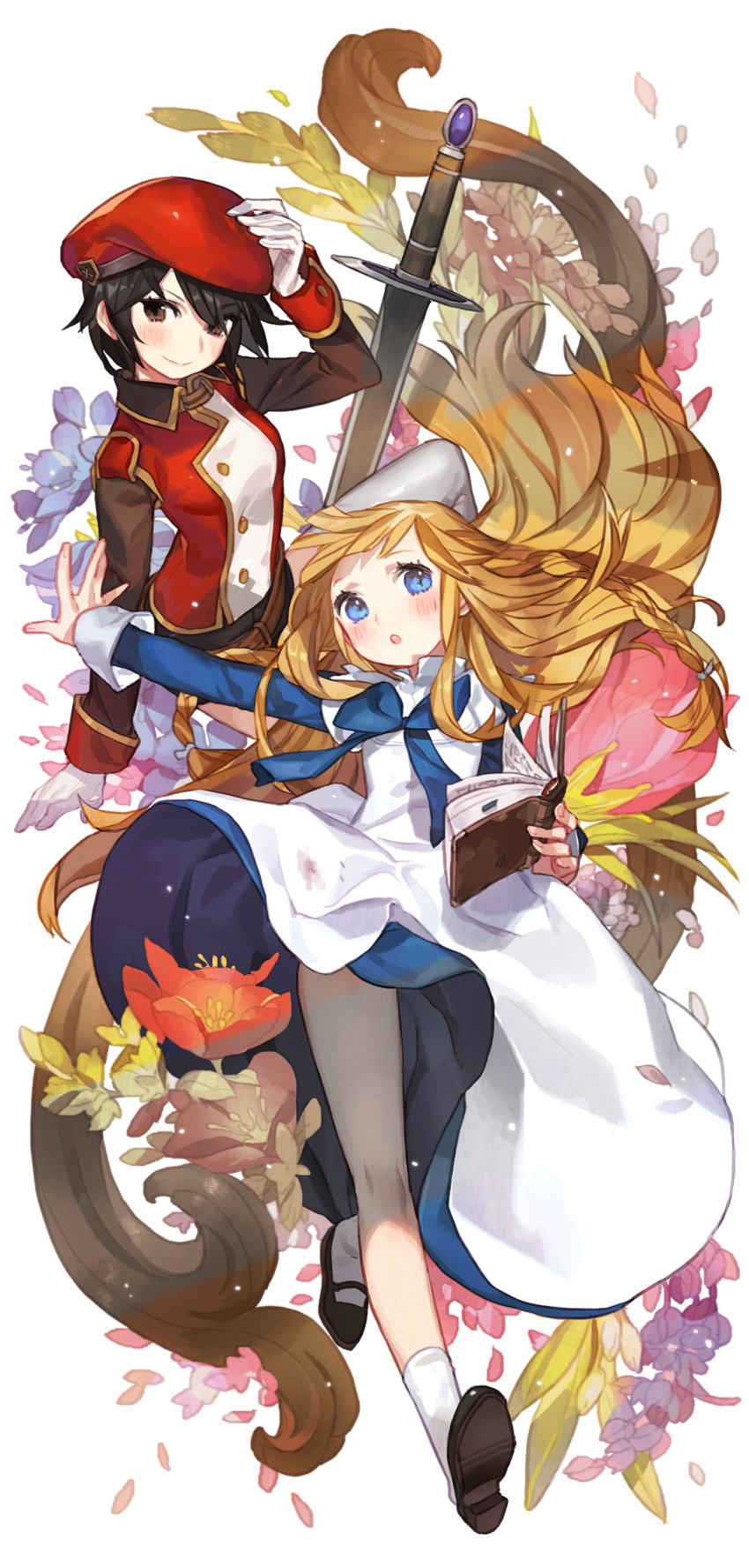 2girls apron beret black_hair blonde_hair blue_eyes blush book bow cap dress flower gloves gwayo hand_on_hat hat highres ispin_charles long_hair mary_janes multiple_girls open_mouth shoes short_hair smile socks sword tagme tales_weaver tichiel_juspian weapon