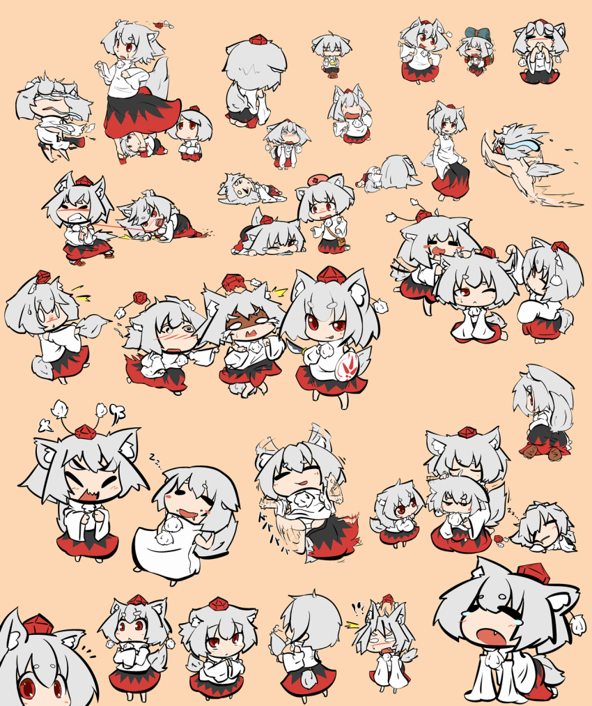!? :&lt; @_@ animal_ears artist_request blush_stickers crying drooling ear_wiggle eating exploding_clothes fang hat highres inubashiri_momiji leash multiple_girls nude nurse_cap panties peeping red_eyes shield shocked_eyes short_hair silver_hair skirt sleeping sword tail tears tokin_hat touhou underwear weapon wolf_ears wolf_tail zzz