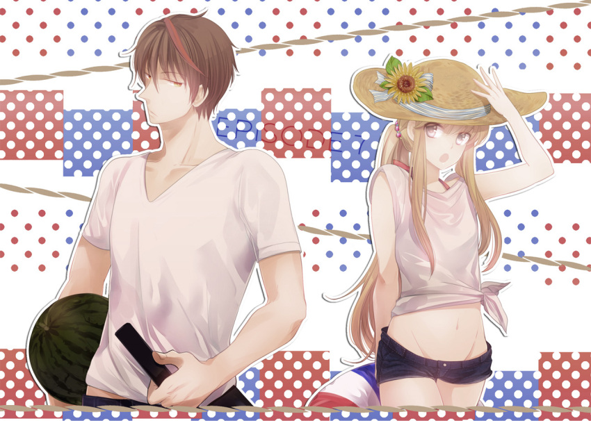 :o blonde_hair brown_hair denim denim_shorts flower food fruit grey_eyes hat hat_ribbon ichiemu_(picric) looking_at_another midriff ponytail ribbon short_shorts shorts sun_hat sunflower umineko_no_naku_koro_ni ushiromiya_lion watermelon willard_h_wright yellow_eyes