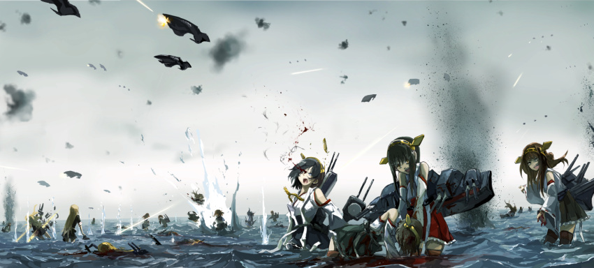 bare_shoulders black_hair blood bullet_trail character_request clouds detached_sleeves explosion hairband haruna_(kantai_collection) hiei_(kantai_collection) japanese_clothes kantai_collection kirishima_(kantai_collection) kongou_(kantai_collection) long_hair personification sky yuudachi_(kantai_collection)