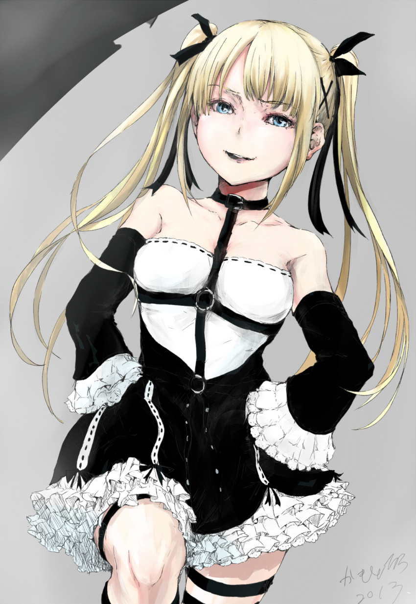 1girl bare_shoulders blonde_hair blue_eyes choker dead_or_alive_5 dutch_angle frilled_sleeves gothic_lolita highres lolita_fashion marie_rose petticoat roro_(qualitynine) signature small_breasts smile solo thigh_strap twintails