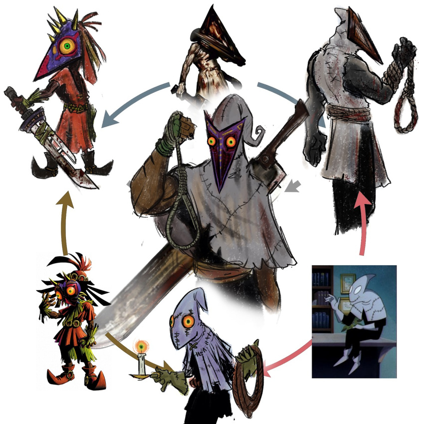candle candlejack freakazoid! fusion green_eyes highres jonathan_ying majora's_mask mask pyramid_head rope silent_hill_2 skull_kid sword template the_legend_of_zelda weapon yellow_sclera