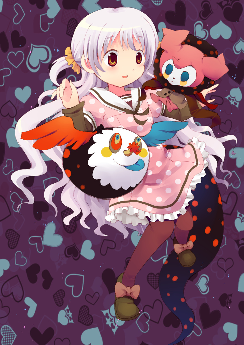 1girl absurdres charlotte_(madoka_magica) dress highres hoge8328 long_hair mahou_shoujo_madoka_magica mahou_shoujo_madoka_magica_movie momoe_nagisa polka_dot polka_dot_dress solo white_hair yellow_eyes