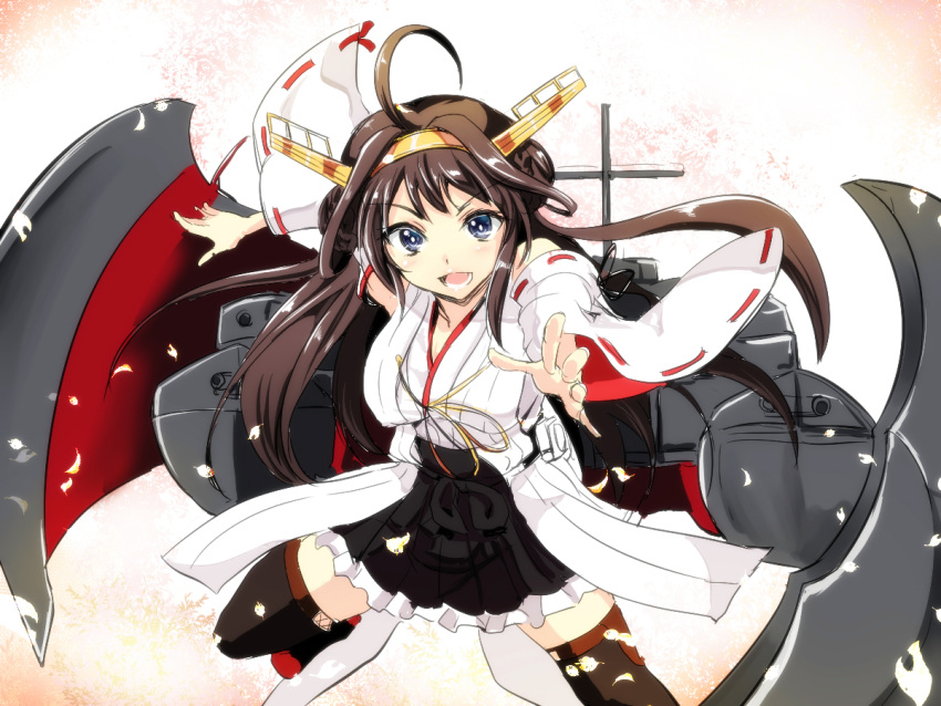 1girl ahoge bare_shoulders blush brown_hair detached_sleeves double_bun gin'ichi_(akacia) hair_ornament hairband headgear japanese_clothes kantai_collection kongou_(kantai_collection) long_hair miko nontraditional_miko open_mouth personification petals pink_background skirt solo thighhighs