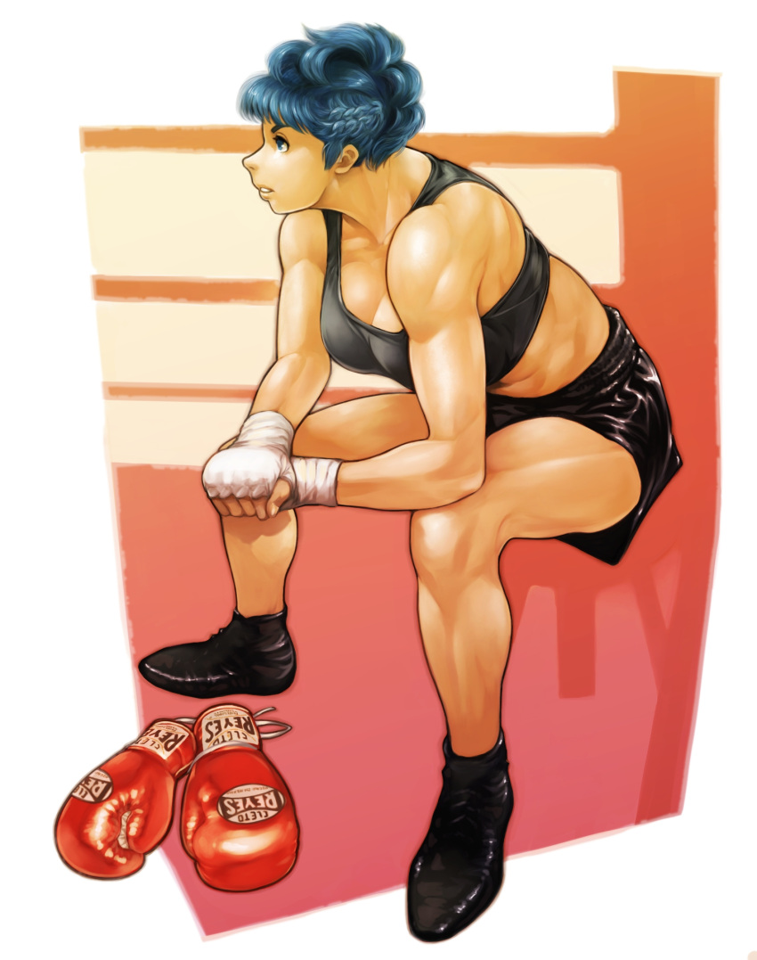 1girl bandages blue_eyes blue_hair boxer boxing_gloves braid breasts cleavage highres muscle original shoes short_hair shorts sitting solo sports_bra vigwer