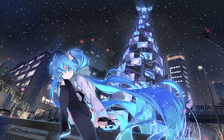 1girl beek blue_eyes blue_hair boots city hatsune_miku highres long_hair nail_polish night sitting smile snowing solo thigh-highs thigh_boots twintails very_long_hair vocaloid