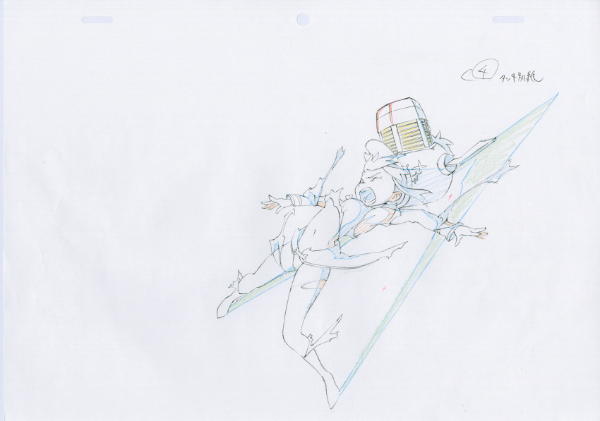 1girl armor armored_dress boots cannon commentary damaged flying hat highres jakuzure_nonon key_frame kill_la_kill official_art partially_colored production_art production_note promotional_art simple_background sketch spiked_helmet trigger_(company) uniform upskirt white_background