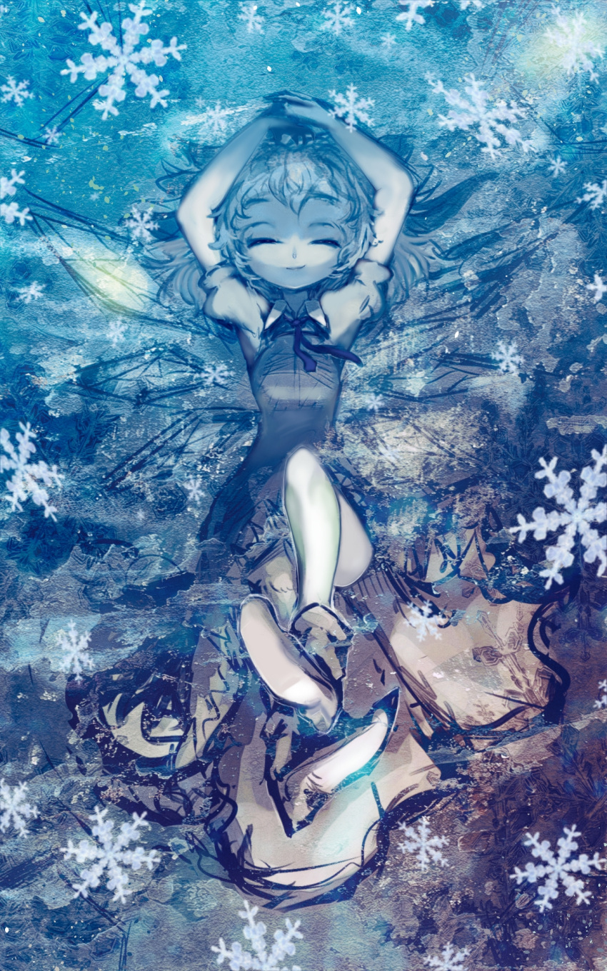 1girl abstract_background arms_behind_head bow cirno closed_eyes cong1991 crossed_legs_(lying) dress hair_bow highres ice ice_wings leg_up legs long_hair lying on_back on_ground ribbon shoes short_sleeves smile snowflakes solo spreading_freeze texture touhou wings