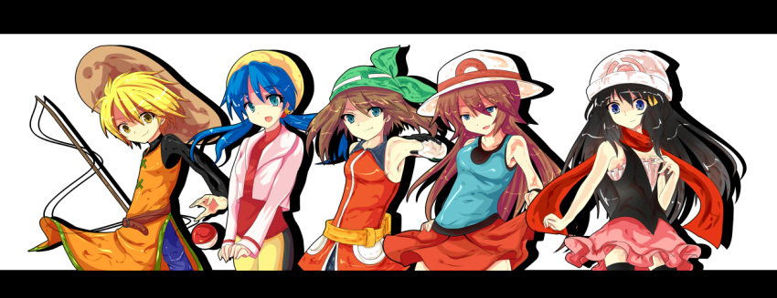 5girls blue_(pokemon) crystal_(pokemon) haruka_(pokemon) hikari_(pokemon) multiple_girls pokemon yellow_(pokemon)