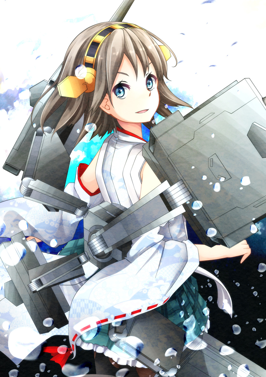 1girl aps@shugyouchuu back bare_shoulders black_legwear blue_eyes brown_hair cannon detached_sleeves hairband headgear hiei_(kantai_collection) highres japanese_clothes kantai_collection looking_back nontraditional_miko open_mouth pantyhose personification plaid short_hair skirt smile turret water_droplets