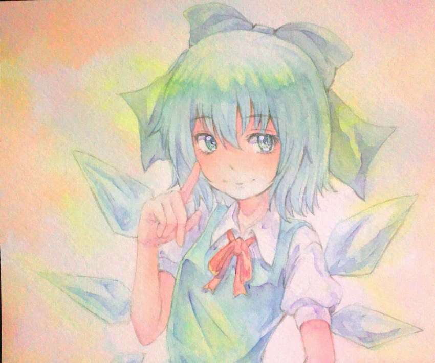 1girl acrylic_paint_(medium) blue_eyes blue_hair bow cirno graphite_(medium) hair_bow highres ice ice_wings pointing pointing_up short_hair solo touhou traditional_media watercolor_(medium) wings yuyu_(00365676)