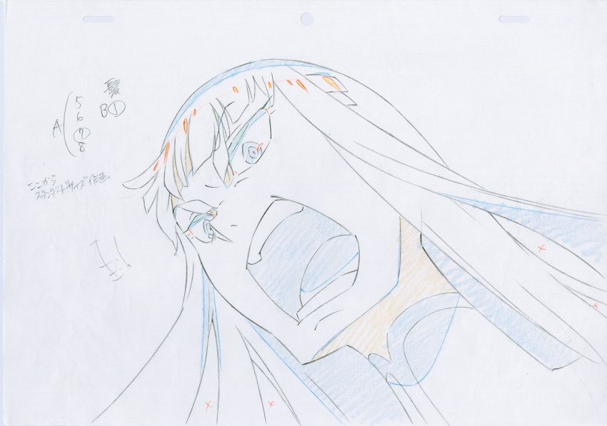 1girl commentary highres key_frame kill_la_kill kiryuuin_satsuki official_art panicking partially_colored production_art production_note promotional_art screaming simple_background sketch trigger_(company) white_background