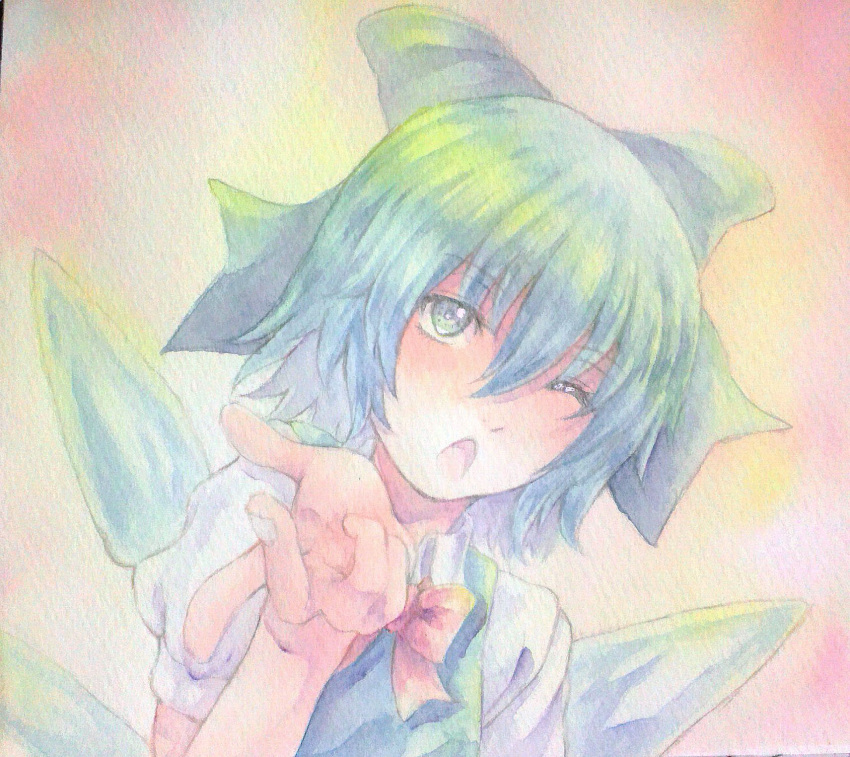 1girl acrylic_paint_(medium) blue_eyes blue_hair bow cirno graphite_(medium) hair_bow highres ice ice_wings looking_at_viewer open_mouth pointing pointing_at_viewer short_hair solo touhou traditional_media watercolor_(medium) wings wink yuyu_(00365676)