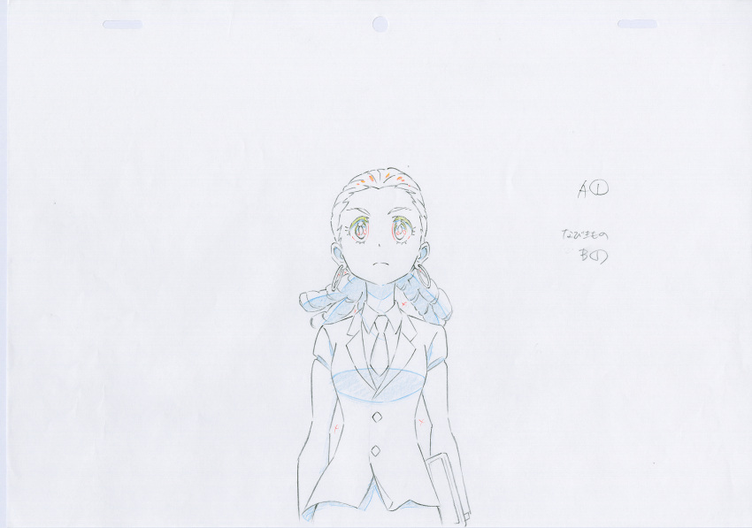 1girl commentary determined dress dress_shirt earrings highres hououmaru_rei jewelry kill_la_kill necktie official_art partially_colored production_art production_note promotional_art shirt simple_background sketch trigger_(company) uniform white_background