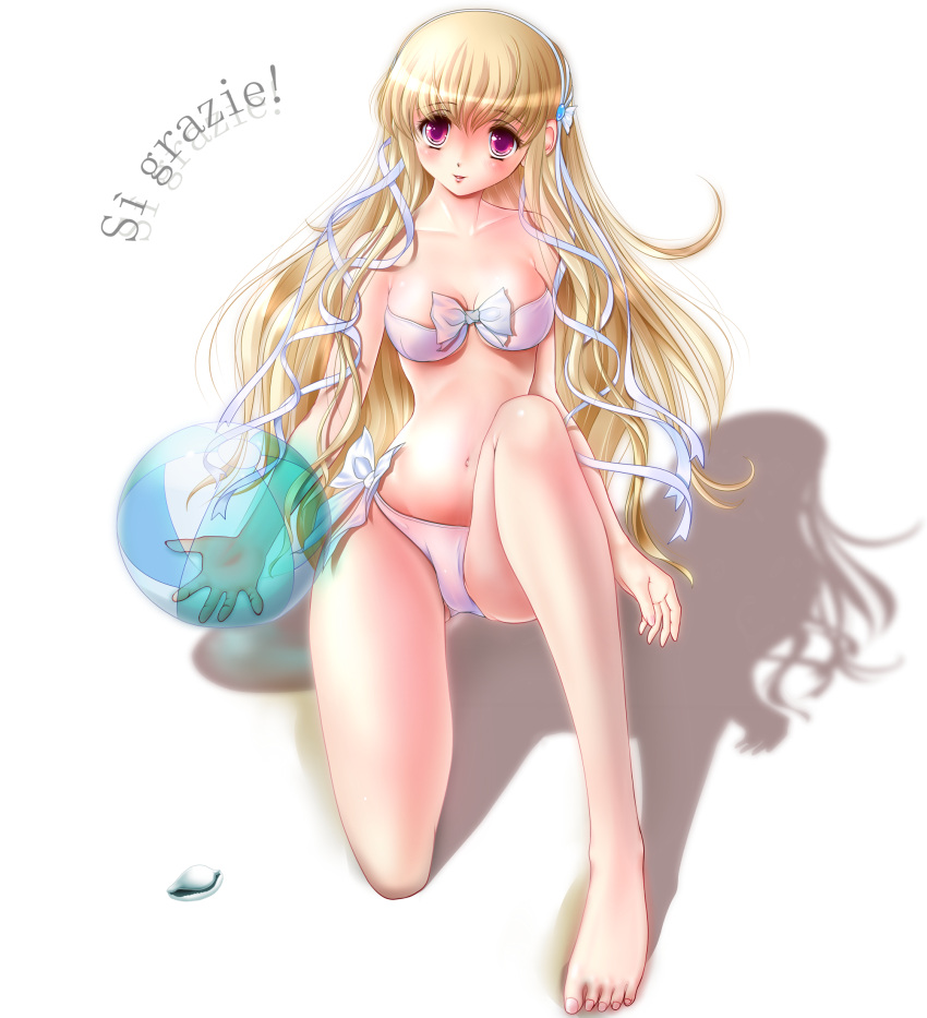 1girl ball beachball bikini blonde_hair character_request hairband highres italian miharin red_eyes swimsuit