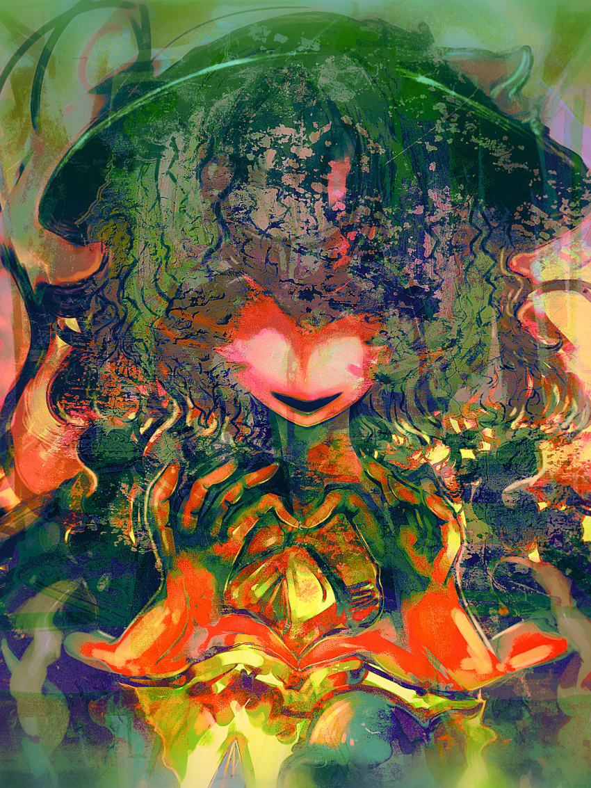 1girl abstract_background cong1991 fingers hands hat heart heart_hands hidden_eyes highres komeiji_koishi long_sleeves open_mouth over_saturation short_hair smile solo surreal texture third_eye touhou yellow_shirt
