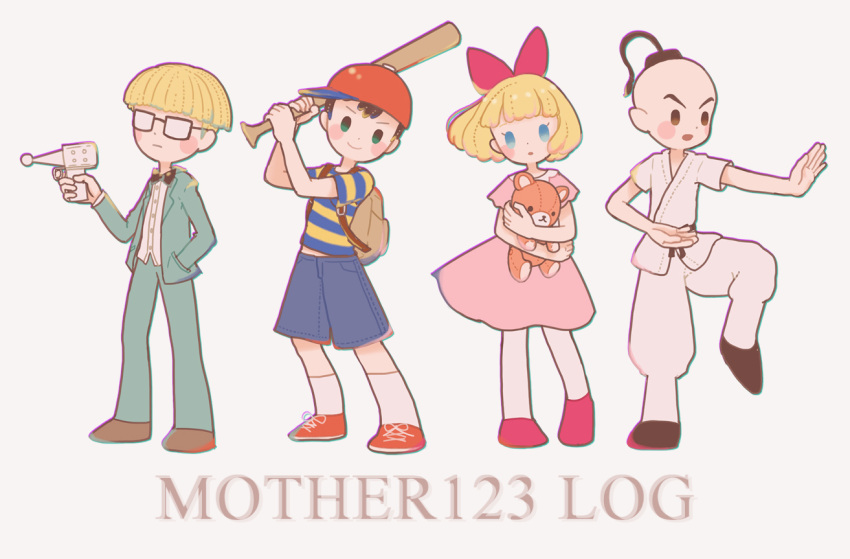 backpack bag baseball_bat black_eyes black_hair blonde_hair blue_eyes bowtie braid formal gun hat jeff_andonuts meimi_(artist) mother_(game) mother_2 ness nintendo paula_polestar poo ribbon smile stuffed_animal stuffed_toy suit teddy_bear weapon