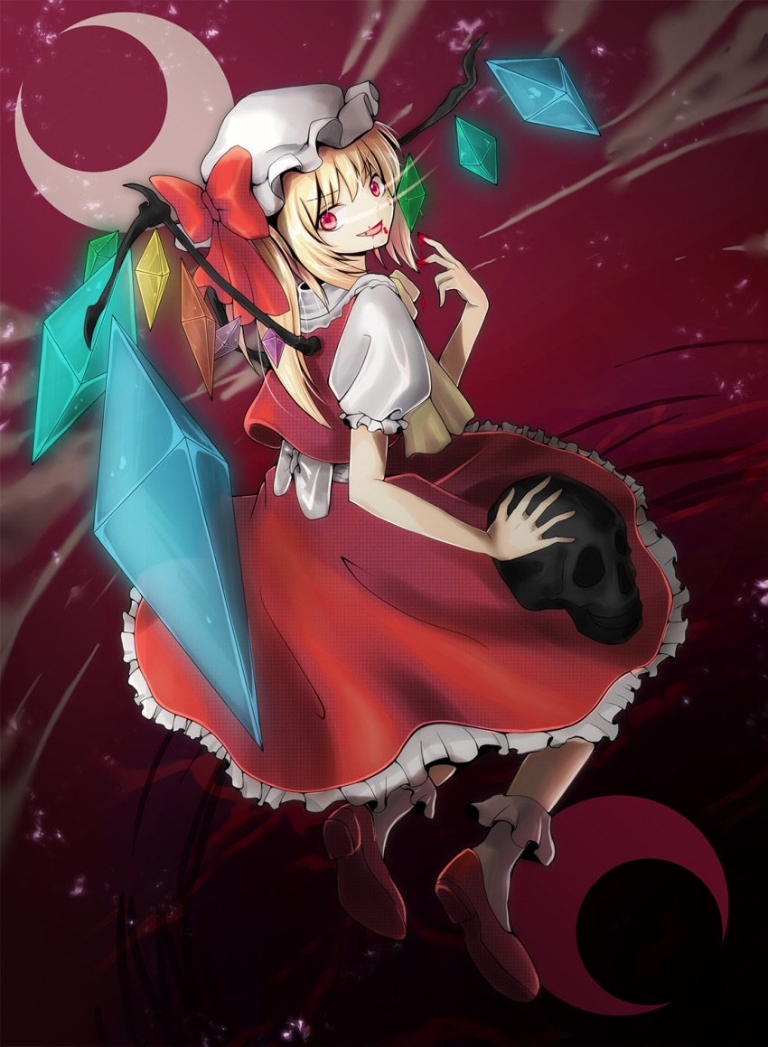 1girl ascot back blonde_hair blood blood_in_mouth blood_on_fingers blush crystal flandre_scarlet hat highres looking_back moon open_mouth puffy_short_sleeves puffy_sleeves red_eyes ribbon short_hair short_sleeves side_ponytail skirt skull smile solo touhou vest vivicat wings