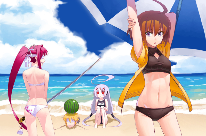 1boy 3girls ahoge ass beach beach_umbrella blindfold blonde_hair blush brown_hair clouds food fruit grin hyde_(under_night_in-birth) inugoya katana linne long_hair multicolored_hair multiple_girls ocean open_mouth ponytail red_eyes ribbon short_hair silver_hair smile swimsuit sword two-tone_hair under_night_in-birth vatista violet_eyes watermelon weapon yuzuriha_(under_night_in-birth)