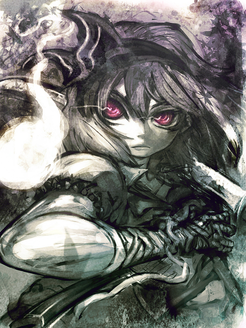 1girl abstract_background arm_wrap black_ribbon cong1991 elbow finger_wrap grey_hair hair_ribbon highres katana konpaku_youmu konpaku_youmu_(ghost) light_trail lips monochrome over_shoulder red_eyes ribbon sheath short_hair short_sleeves solo sword sword_over_shoulder texture touhou turning_head weapon weapon_over_shoulder