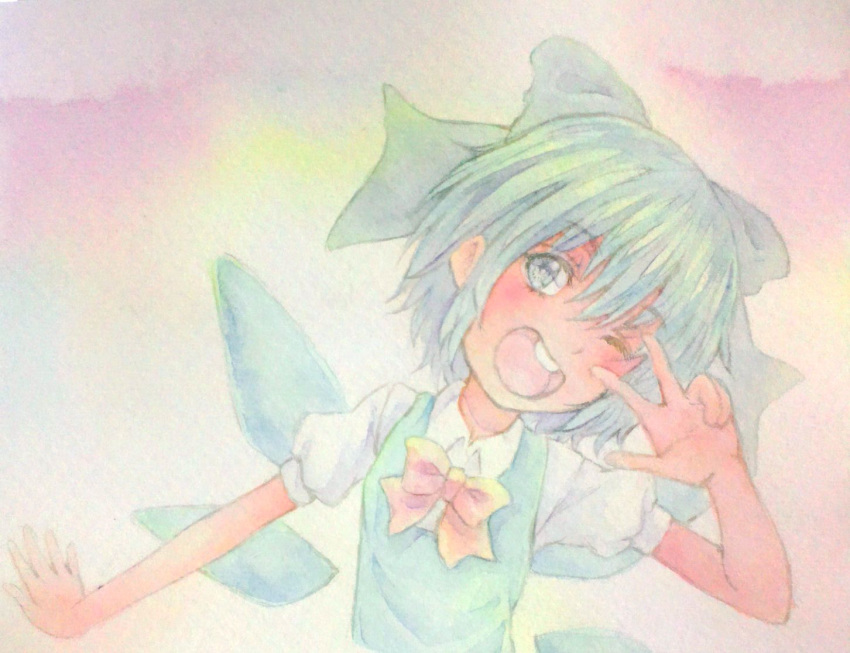 1girl :d acrylic_paint_(medium) blue_eyes blue_hair bow cirno graphite_(medium) hair_bow ice ice_wings open_mouth short_hair smile solo teeth touhou traditional_media v v_over_eye watercolor_(medium) wings wink yuyu_(00365676)