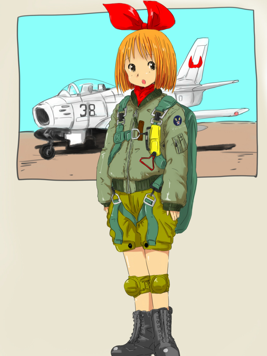 1girl airplane annaka_haruna boots bow f-86 hair_bow highres hyakute_gyojin jacket knee_pads nichijou oversized_clothes parachute pilot shorts solo