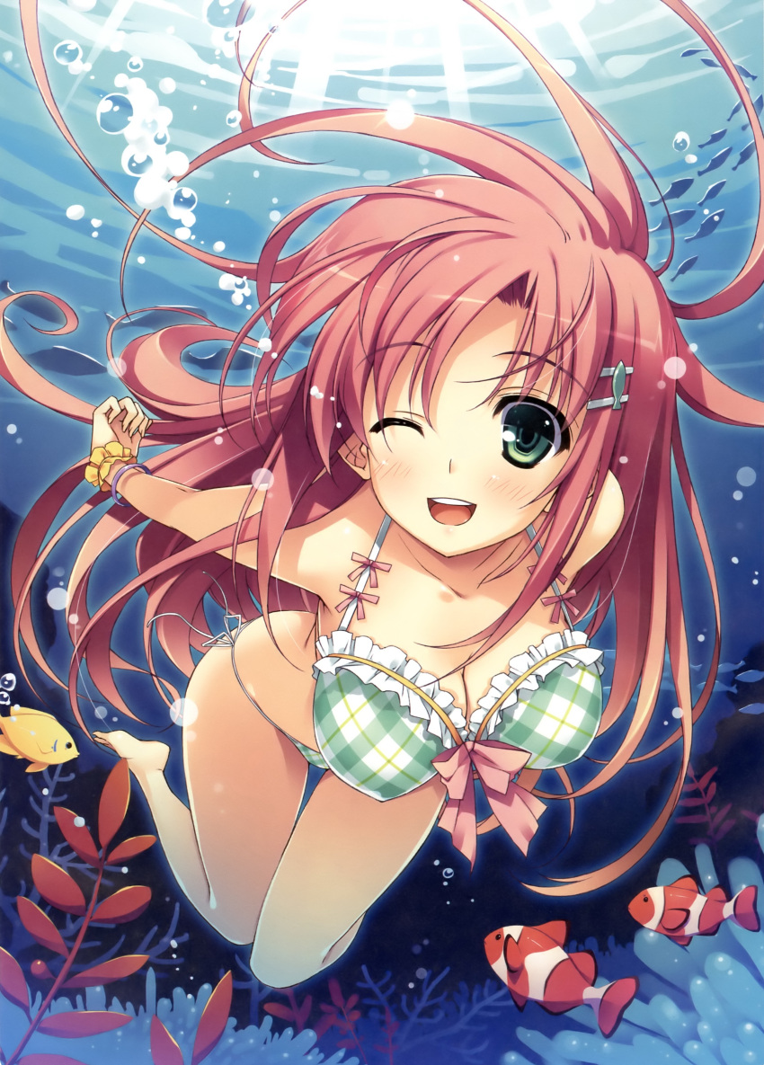 1girl ;d absurdres bent_over bikini blush bracelet breasts bubble cleavage clownfish fish freediving green_eyes hair_ornament hairpin hanging_breasts highres jewelry large_breasts long_hair open_mouth original pink_hair plaid plant seaweed side-tie_bikini smile solo swimming swimsuit underwater wink yuuki_hagure
