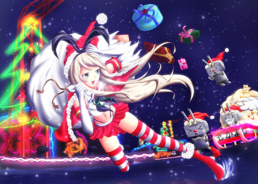 &gt;_&lt; 1girl animal_ears beard blonde_hair cannon cape christmas elbow_gloves facial_hair gloves green_eyes hairband hat kantai_collection long_hair matatabi_(skunim01) personification rabbit_ears red_legwear red_nose rensouhou-chan sack santa_costume santa_hat shimakaze_(kantai_collection) sky sleigh star_(sky) starry_sky striped striped_legwear thighhighs