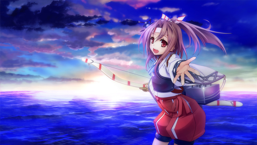 1girl airplane arrow blush bow_(weapon) brown_eyes brown_hair clouds flat_chest hachimaki hair_ribbon headband high_ponytail japanese_clothes kantai_collection light_brown_hair long long_hair muneate ocean open_mouth personification ponytail ribbon shorts sky smile solo sun sunlight wapokichi weapon zuihou_(kantai_collection)