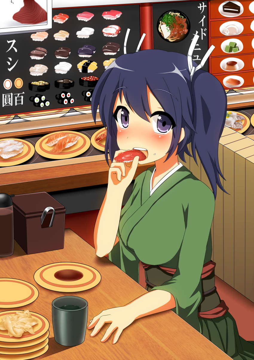 1girl aircraft_carrier blue_hair blush breasts cup dish eating highres japanese_clothes kantai_collection open_mouth personification ribbon sitting skirt smile solo souryuu_(kantai_collection) soy_sauce sudo_shinren sushi teacup twintails