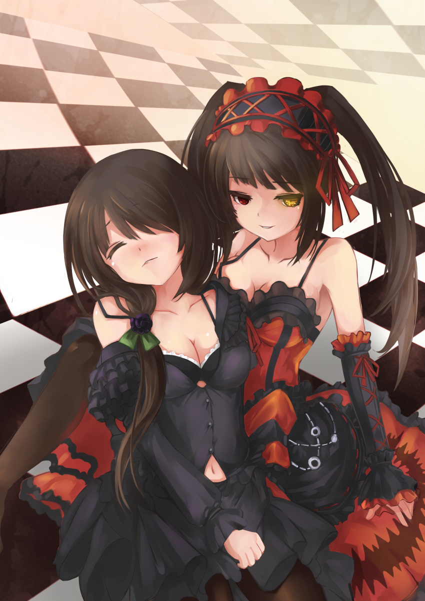 1girl absurdres bare_shoulders black_hair black_legwear breasts checkered checkered_floor cleavage clock_eyed closed_eyes date_a_live dress dual_persona hairband heterochromia highres lolita_fashion lolita_hairband long_hair looking_at_viewer navel off_shoulder parted_lips red_eyes smile tokisaki_kurumi twintails yellow_eyes zxhautumn