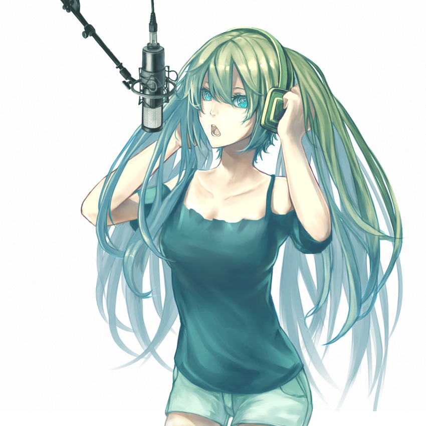 1girl arms_up green_eyes green_hair hands_on_headphones hatsune_miku headphones highres long_hair microphone open_mouth selea shorts singing solo twintails very_long_hair vocaloid white_background