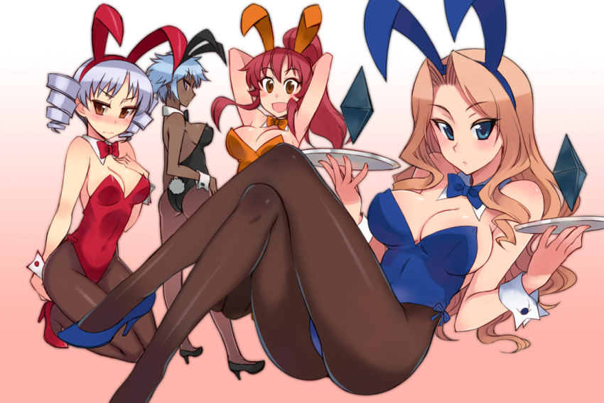 4girls animal_ears arms_up arnett_mcmillian atia_simmons bare_shoulders blonde_hair blue_eyes blush bowtie breasts bunny_girl bunny_tail bunnysuit character_request cleavage crossed_legs dark_skin detached_collar drill_hair freezing high_heels kusanagi_tonbo large_breasts long_hair looking_at_viewer multiple_girls pantyhose ponytail rabbit_ears red_eyes redhead short_hair silver_hair sitting smile tail tray twin_drills wrist_cuffs
