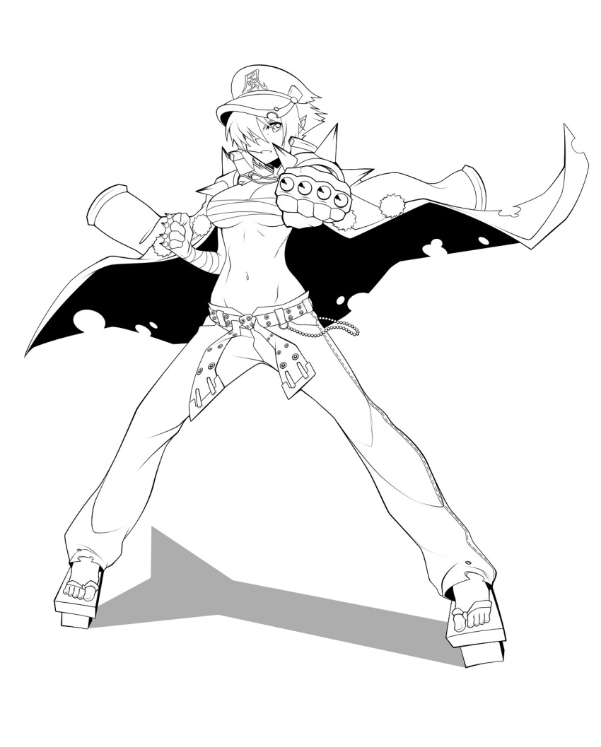 1girl banchou belt borrowed_character brass_knuckles breasts cape clenched_hands geta hair_over_one_eye hat highres lineart mouth_hold navel original peaked_cap pointy_ears revision sarashi shirtless short_hair spikewible straw tengu tengu-geta under_boob weapon work_in_progress